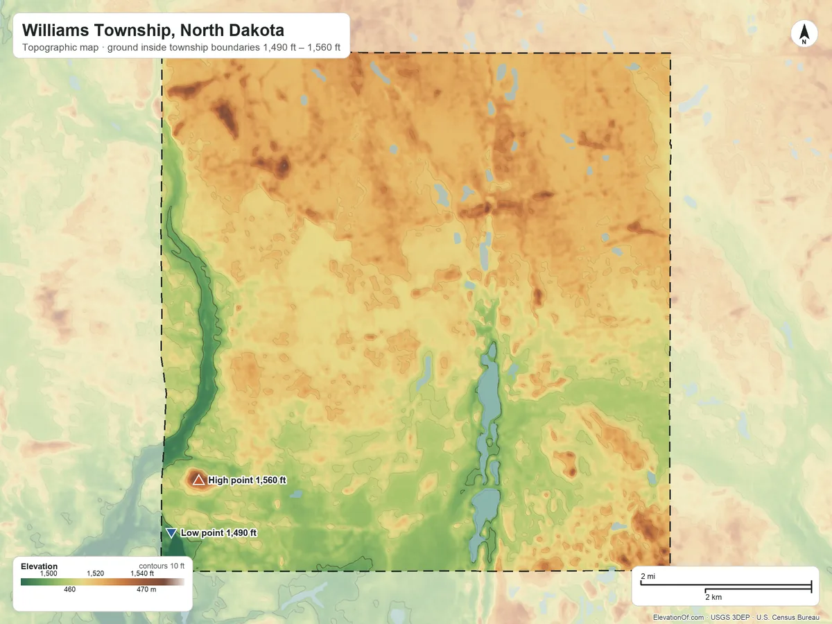 Topographic elevation map of Williams Township, North Dakota, shaded from 1,490 ft on the south side to 1,560 ft on the south side