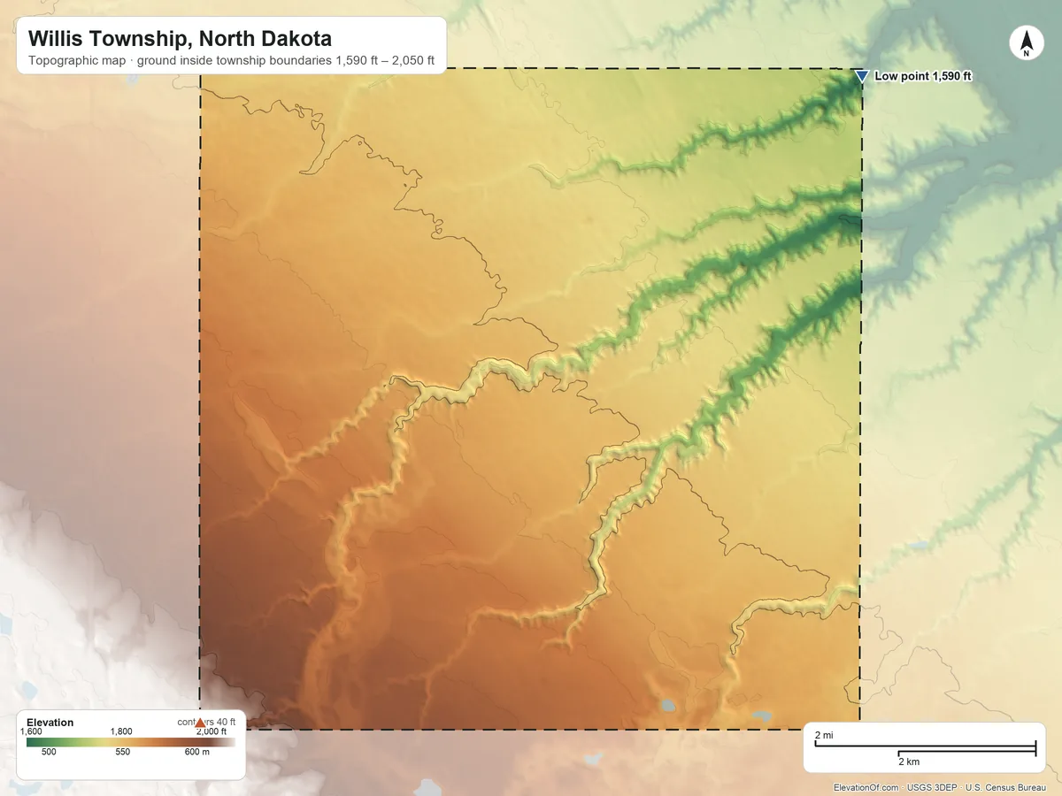 Topographic elevation map of Willis Township, North Dakota, shaded from 1,590 ft on the northeast side to 2,050 ft on the southwest side