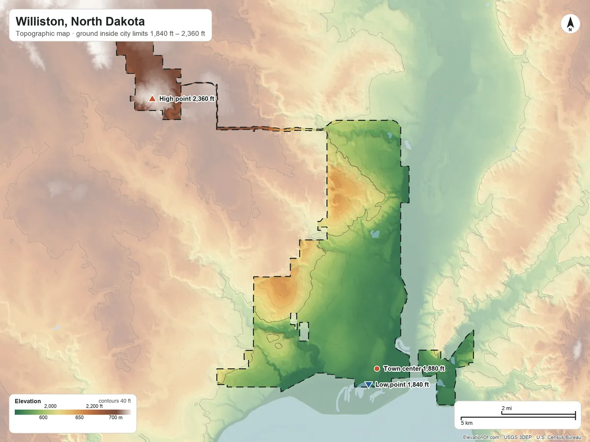 Topographic elevation map of Williston, North Dakota, shaded from 1,840 ft near the middle to 2,360 ft on the northwest side