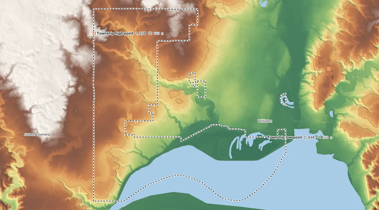 Topographic elevation map of Williston Township, North Dakota, shaded from 1,840 ft on the east side to 2,170 ft on the northwest side