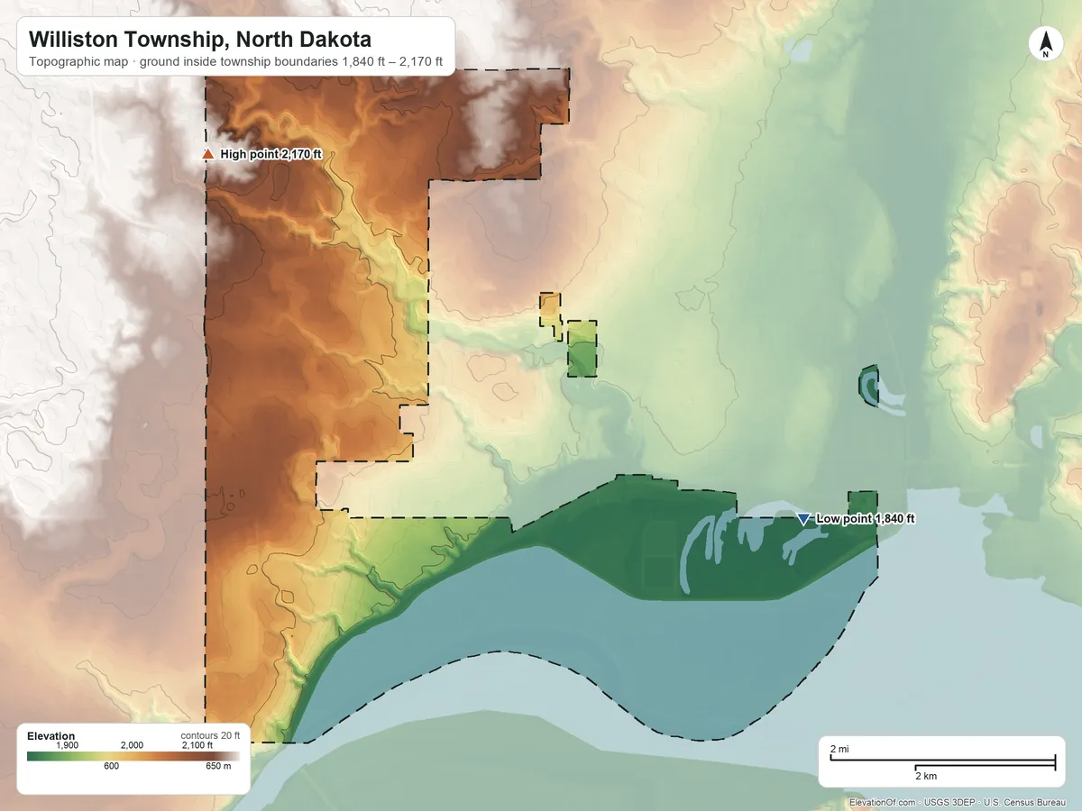Topographic elevation map of Williston Township, North Dakota, shaded from 1,840 ft on the east side to 2,170 ft on the northwest side