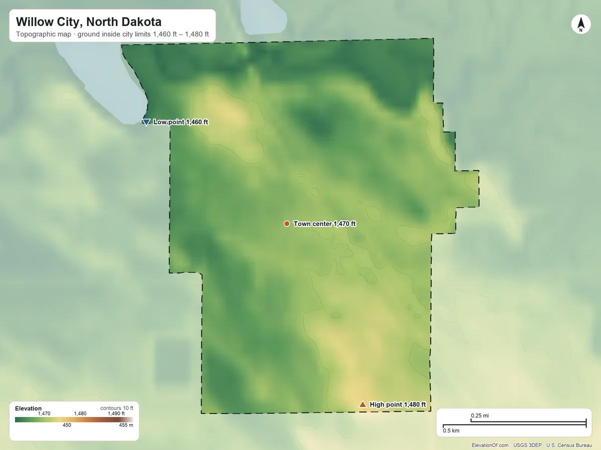 Topographic elevation map of Willow City, North Dakota, shaded from 1,460 ft on the northwest side to 1,480 ft on the southeast side