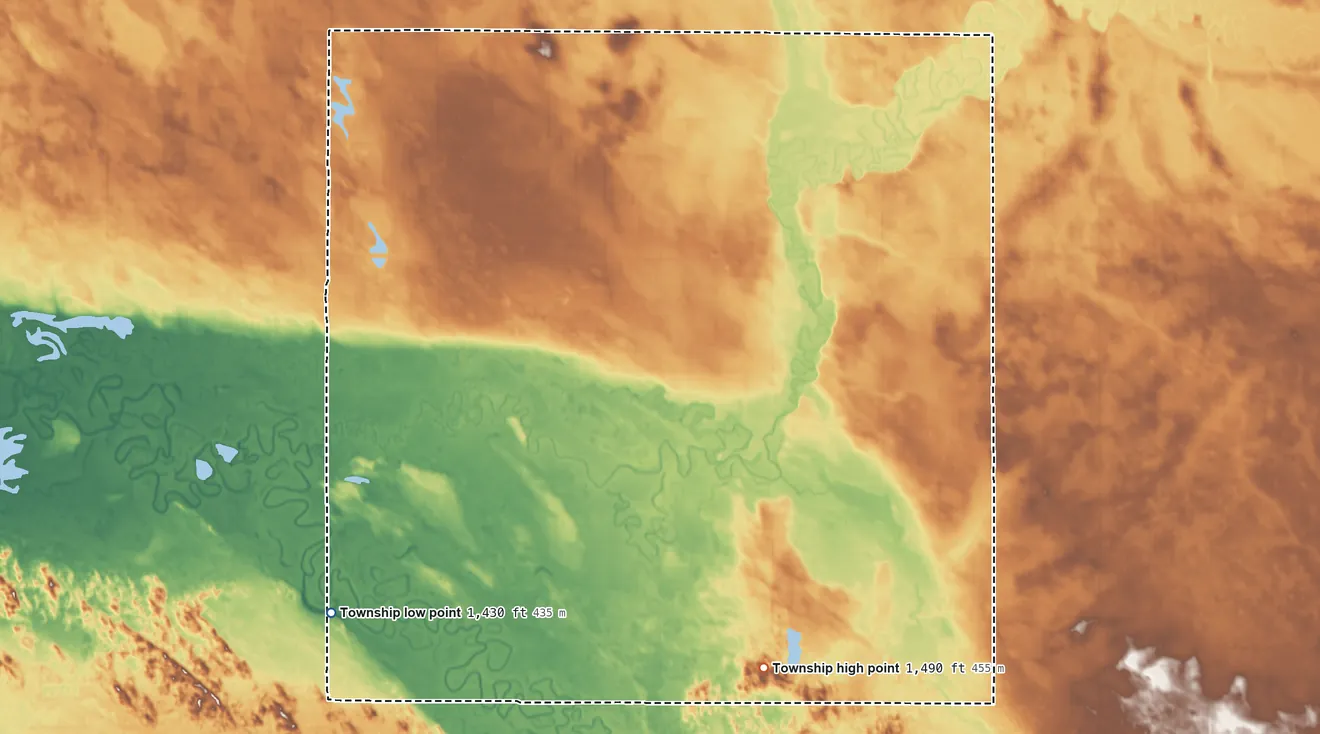 Topographic elevation map of Willow Creek Township, North Dakota, shaded from 1,430 ft on the southwest side to 1,490 ft on the south side