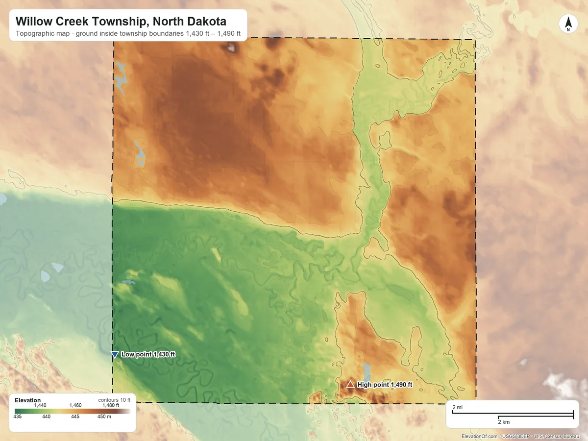 Topographic elevation map of Willow Creek Township, North Dakota, shaded from 1,430 ft on the southwest side to 1,490 ft on the south side