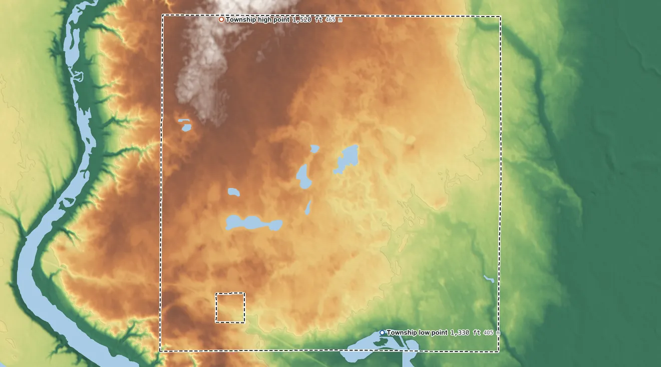 Topographic elevation map of Willow Lake Township, North Dakota, shaded from 1,330 ft on the southeast side to 1,520 ft on the north side