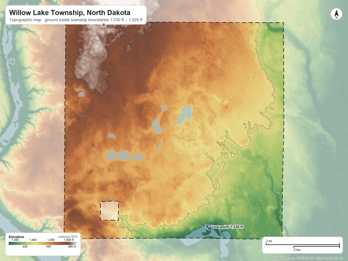 Topographic elevation map of Willow Lake Township, North Dakota, shaded from 1,330 ft on the southeast side to 1,520 ft on the north side