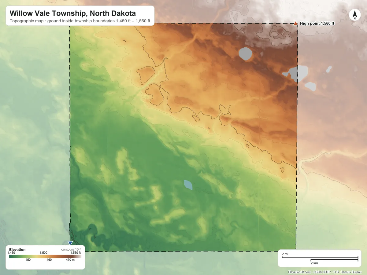 Topographic elevation map of Willow Vale Township, North Dakota, shaded from 1,450 ft on the southwest side to 1,560 ft on the northeast side