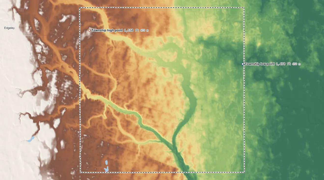 Topographic elevation map of Willowbank Township, North Dakota, shaded from 1,470 ft on the northeast side to 1,550 ft on the northwest side