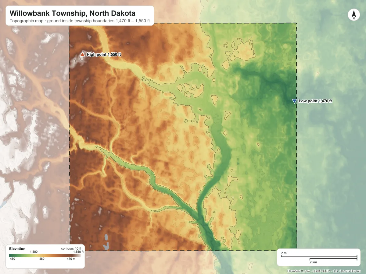 Topographic elevation map of Willowbank Township, North Dakota, shaded from 1,470 ft on the northeast side to 1,550 ft on the northwest side