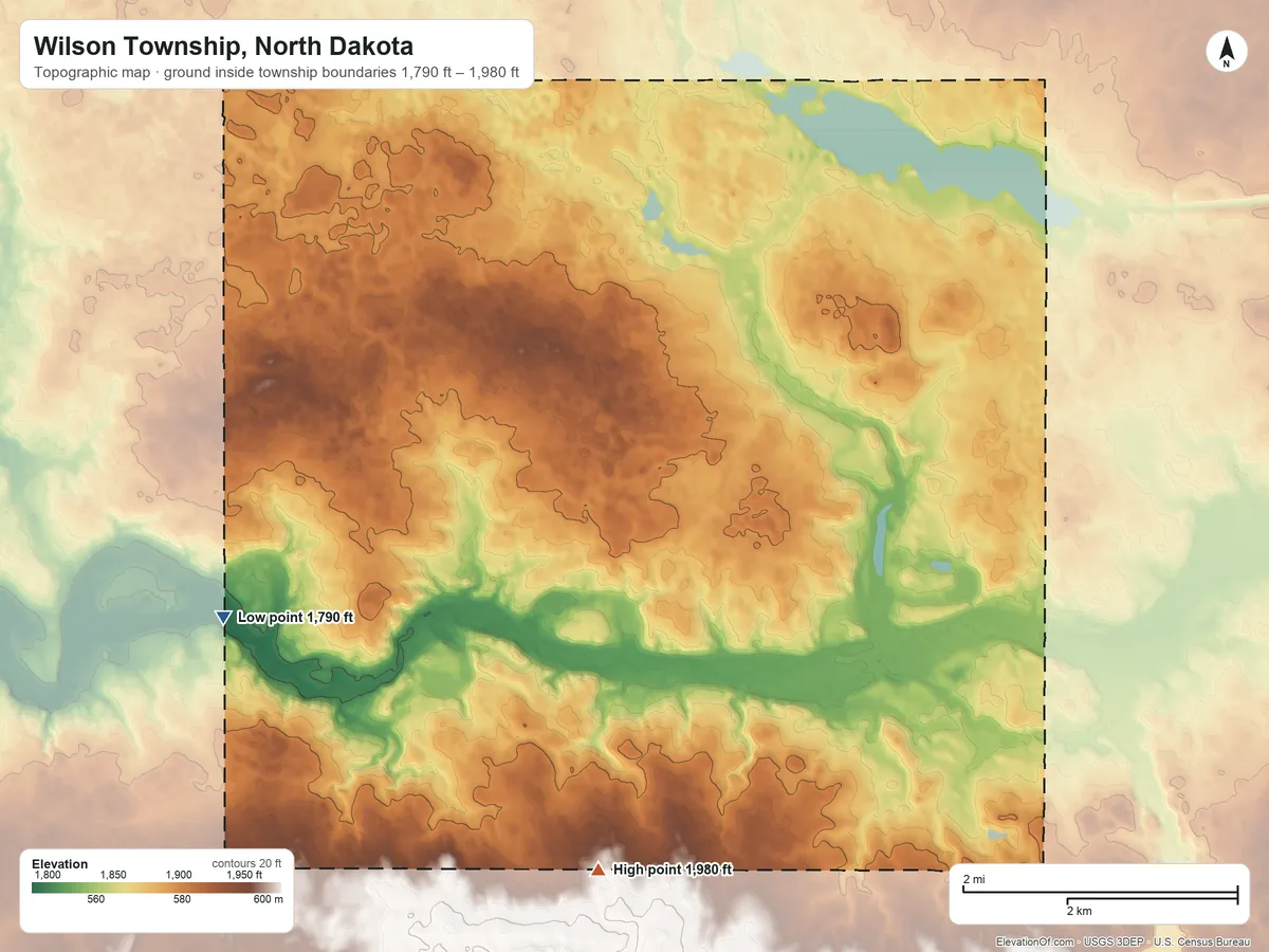 Topographic elevation map of Wilson Township, North Dakota, shaded from 1,790 ft on the southwest side to 1,980 ft on the south side