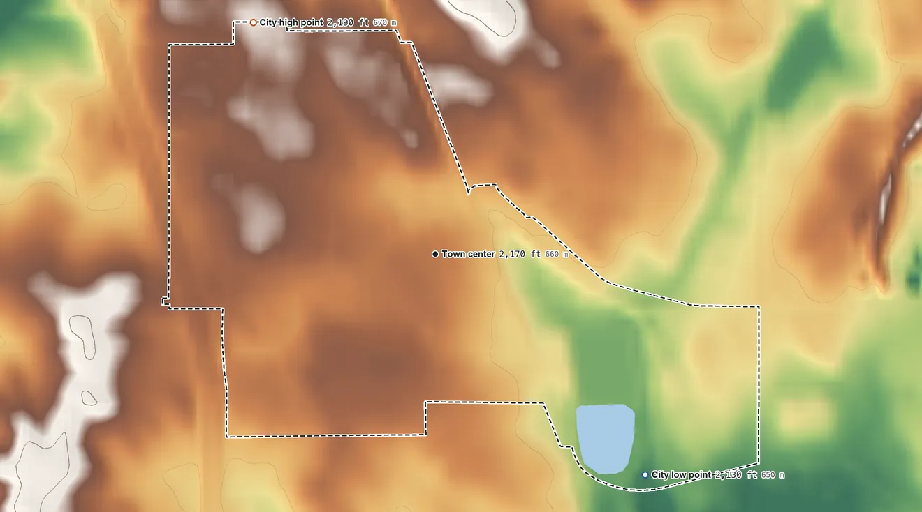 Topographic elevation map of Wilton, North Dakota, shaded from 2,130 ft on the southeast side to 2,190 ft on the northwest side