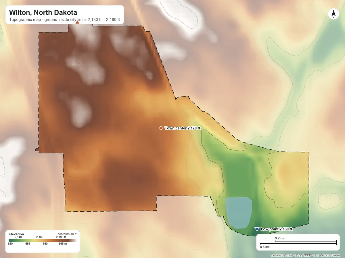 Topographic elevation map of Wilton, North Dakota, shaded from 2,130 ft on the southeast side to 2,190 ft on the northwest side
