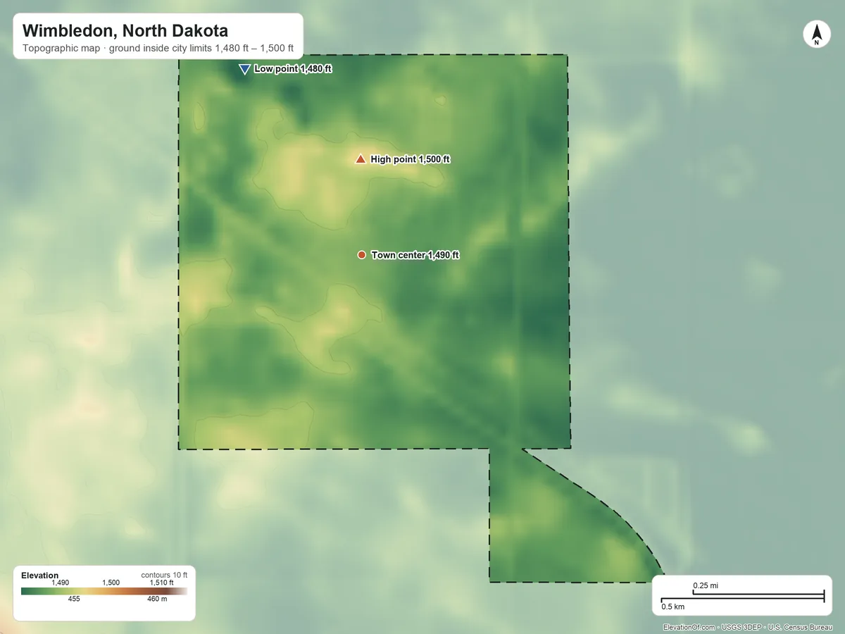 Topographic elevation map of Wimbledon, North Dakota, shaded from 1,480 ft on the northwest side to 1,500 ft on the north side