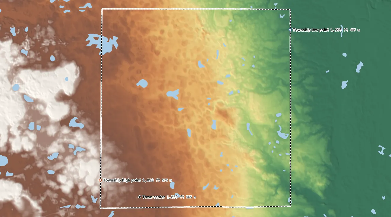 Topographic elevation map of Windsor Township, North Dakota, shaded from 1,590 ft on the northeast side to 1,890 ft on the northwest side