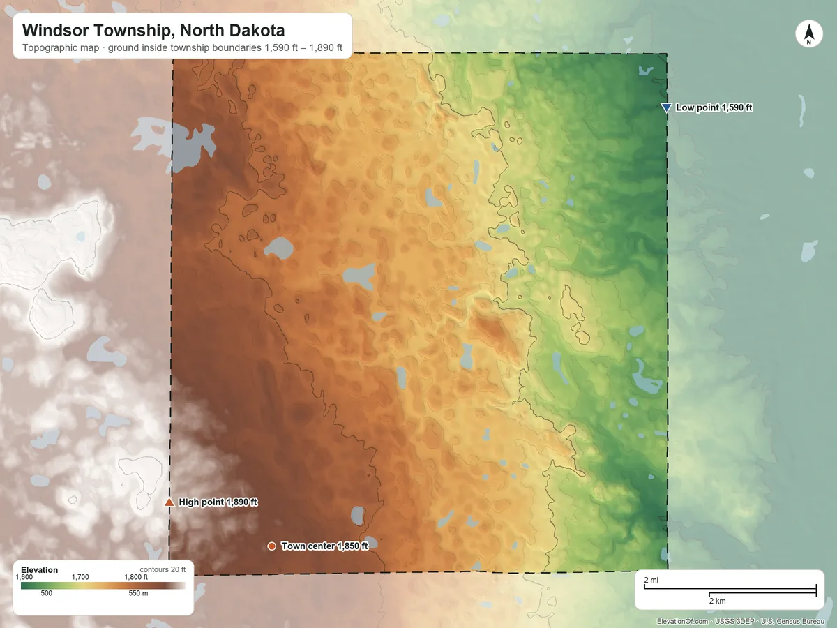 Topographic elevation map of Windsor Township, North Dakota, shaded from 1,590 ft on the northeast side to 1,890 ft on the northwest side