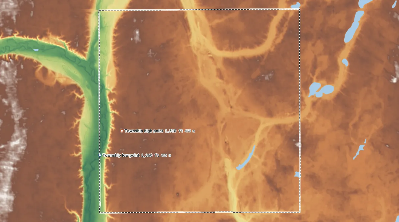Topographic elevation map of Winfield Township, North Dakota, shaded from 1,360 ft on the northwest side to 1,510 ft on the northwest side