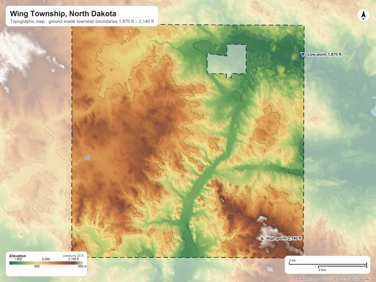Topographic elevation map of Wing Township, North Dakota, shaded from 1,870 ft on the northeast side to 2,140 ft on the southeast side