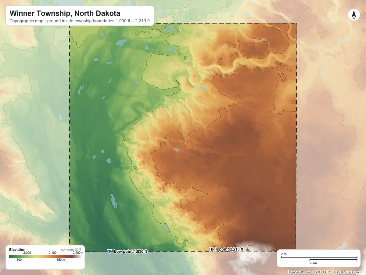 Topographic elevation map of Winner Township, North Dakota, shaded from 1,930 ft on the south side to 2,210 ft on the southeast side