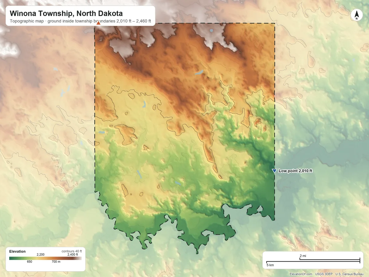 Topographic elevation map of Winona Township, North Dakota, shaded from 2,010 ft on the southeast side to 2,460 ft on the northwest side