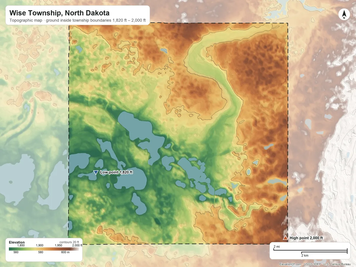Topographic elevation map of Wise Township, North Dakota, shaded from 1,820 ft on the west side to 2,000 ft on the southeast side