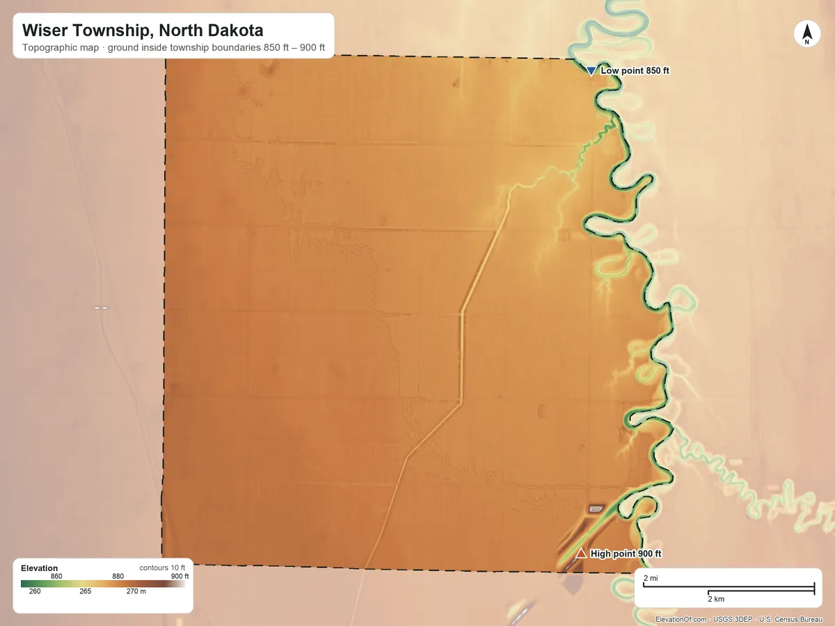 Topographic elevation map of Wiser Township, North Dakota, shaded from 850 ft on the northeast side to 900 ft on the southeast side