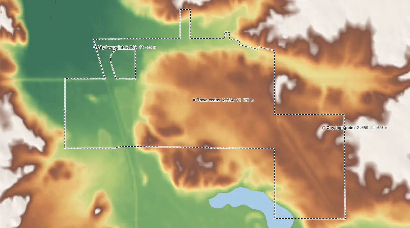 Topographic elevation map of Wishek, North Dakota, shaded from 2,000 ft on the northwest side to 2,050 ft on the east side