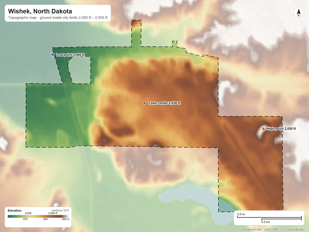 Topographic elevation map of Wishek, North Dakota, shaded from 2,000 ft on the northwest side to 2,050 ft on the east side