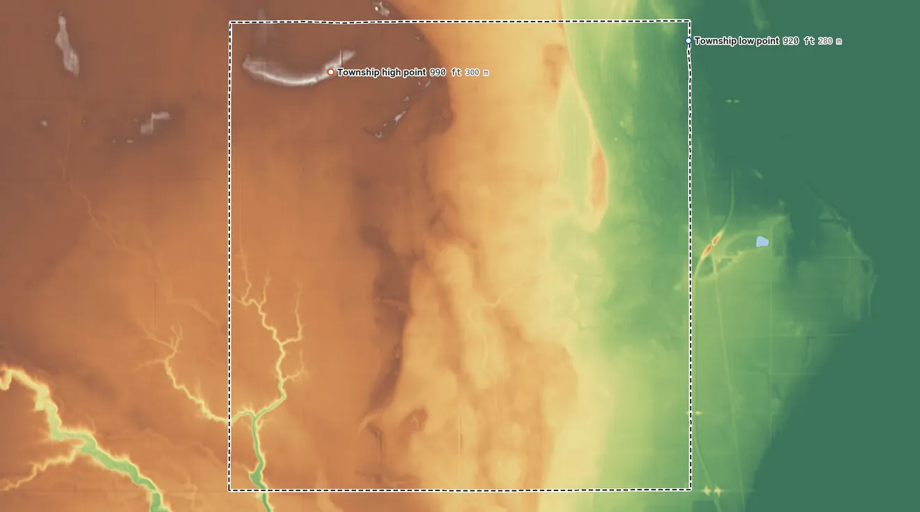 Topographic elevation map of Wold Township, North Dakota, shaded from 920 ft on the northeast side to 990 ft on the northwest side