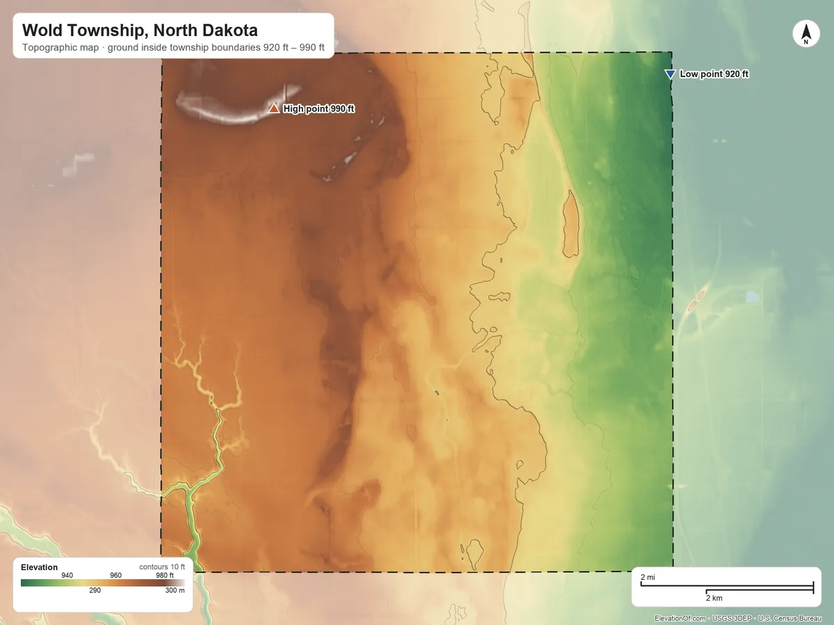 Topographic elevation map of Wold Township, North Dakota, shaded from 920 ft on the northeast side to 990 ft on the northwest side