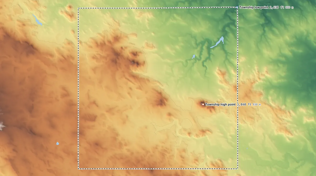 Topographic elevation map of Wolf Butte Township, North Dakota, shaded from 2,630 ft on the north side to 3,040 ft on Wolf Butte