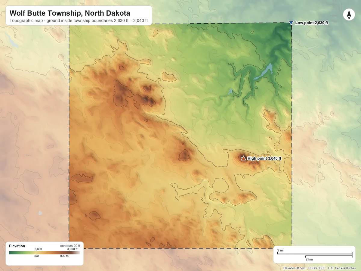 Topographic elevation map of Wolf Butte Township, North Dakota, shaded from 2,630 ft on the north side to 3,040 ft on Wolf Butte