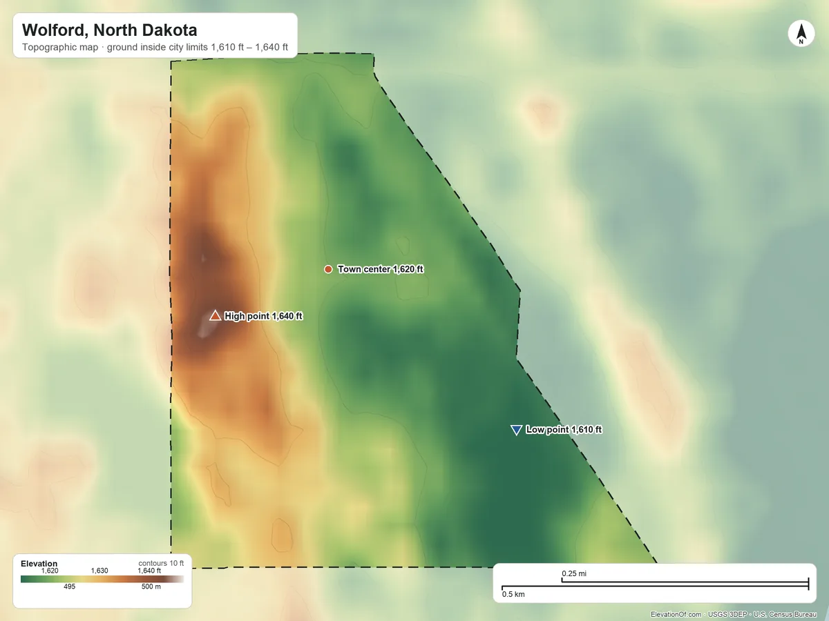 Topographic elevation map of Wolford, North Dakota, shaded from 1,610 ft on the southeast side to 1,640 ft on the southwest side