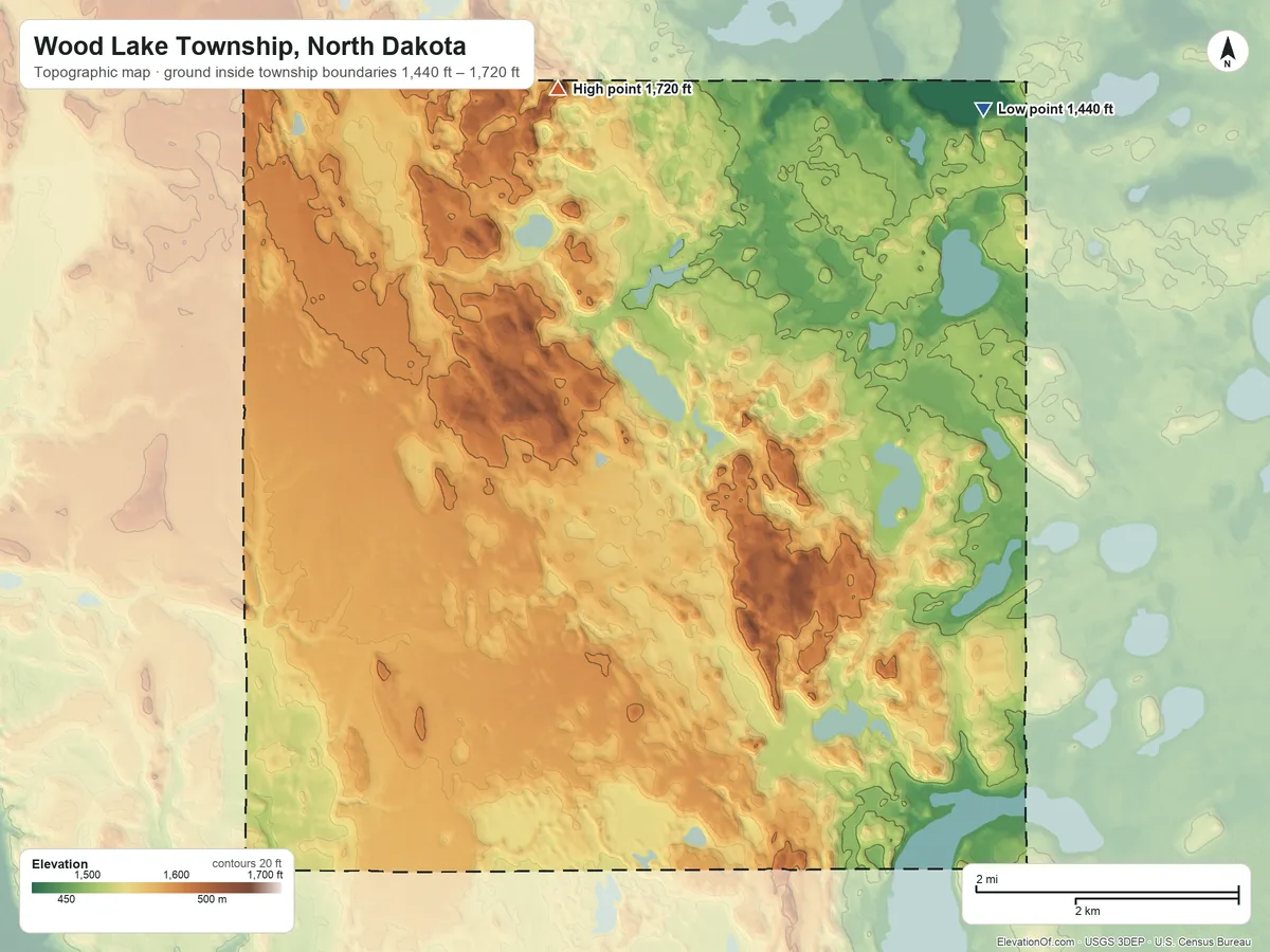 Topographic elevation map of Wood Lake Township, North Dakota, shaded from 1,440 ft on the northeast side to 1,720 ft on Devils Heart Butte
