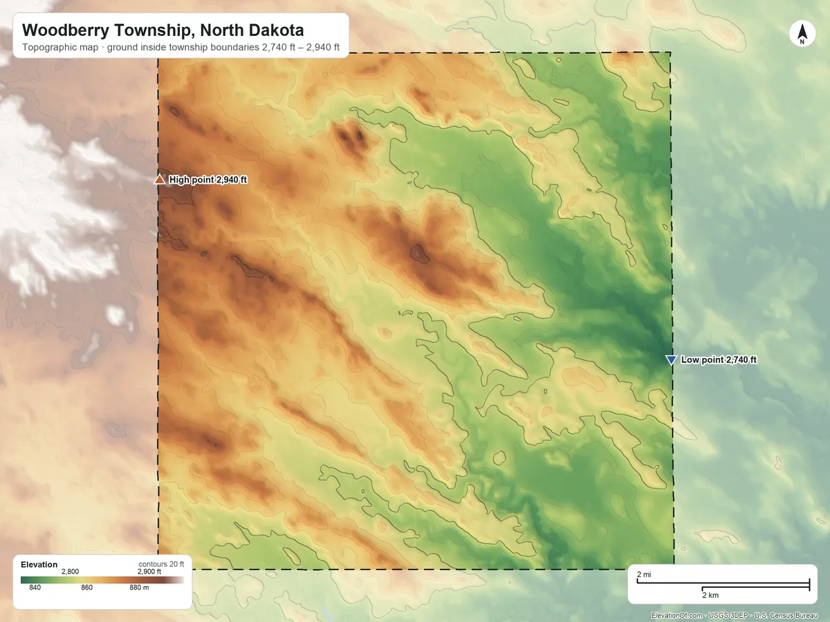 Topographic elevation map of Woodberry Township, North Dakota, shaded from 2,740 ft on the southeast side to 2,940 ft on the west side
