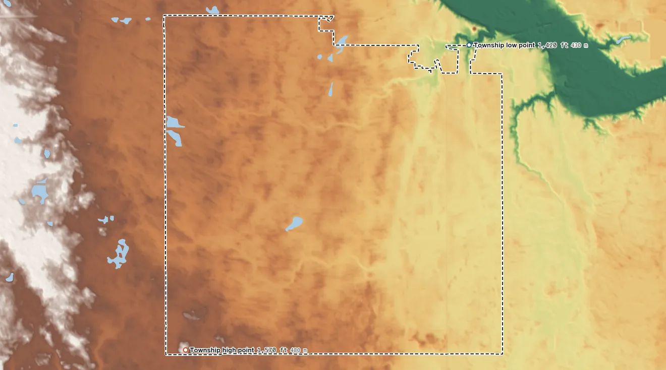 Topographic elevation map of Woodbury Township, North Dakota, shaded from 1,420 ft on the northeast side to 1,570 ft on the southwest side