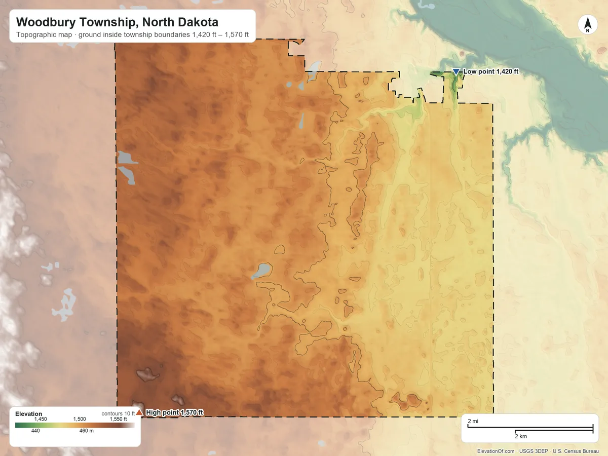 Topographic elevation map of Woodbury Township, North Dakota, shaded from 1,420 ft on the northeast side to 1,570 ft on the southwest side