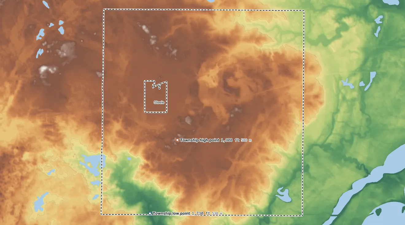 Topographic elevation map of Woodlawn Township, North Dakota, shaded from 1,730 ft on the south side to 1,900 ft on the southeast side