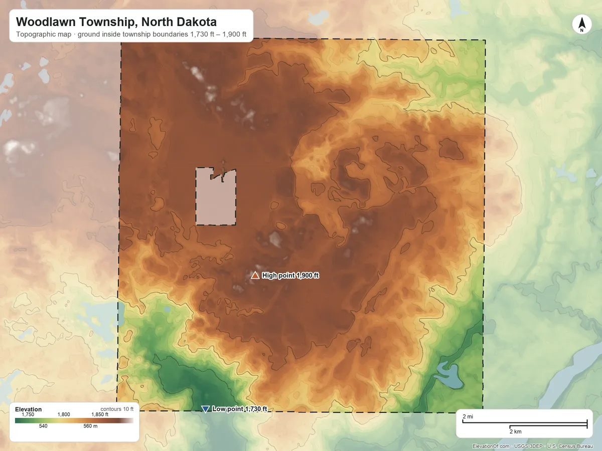 Topographic elevation map of Woodlawn Township, North Dakota, shaded from 1,730 ft on the south side to 1,900 ft on the southeast side