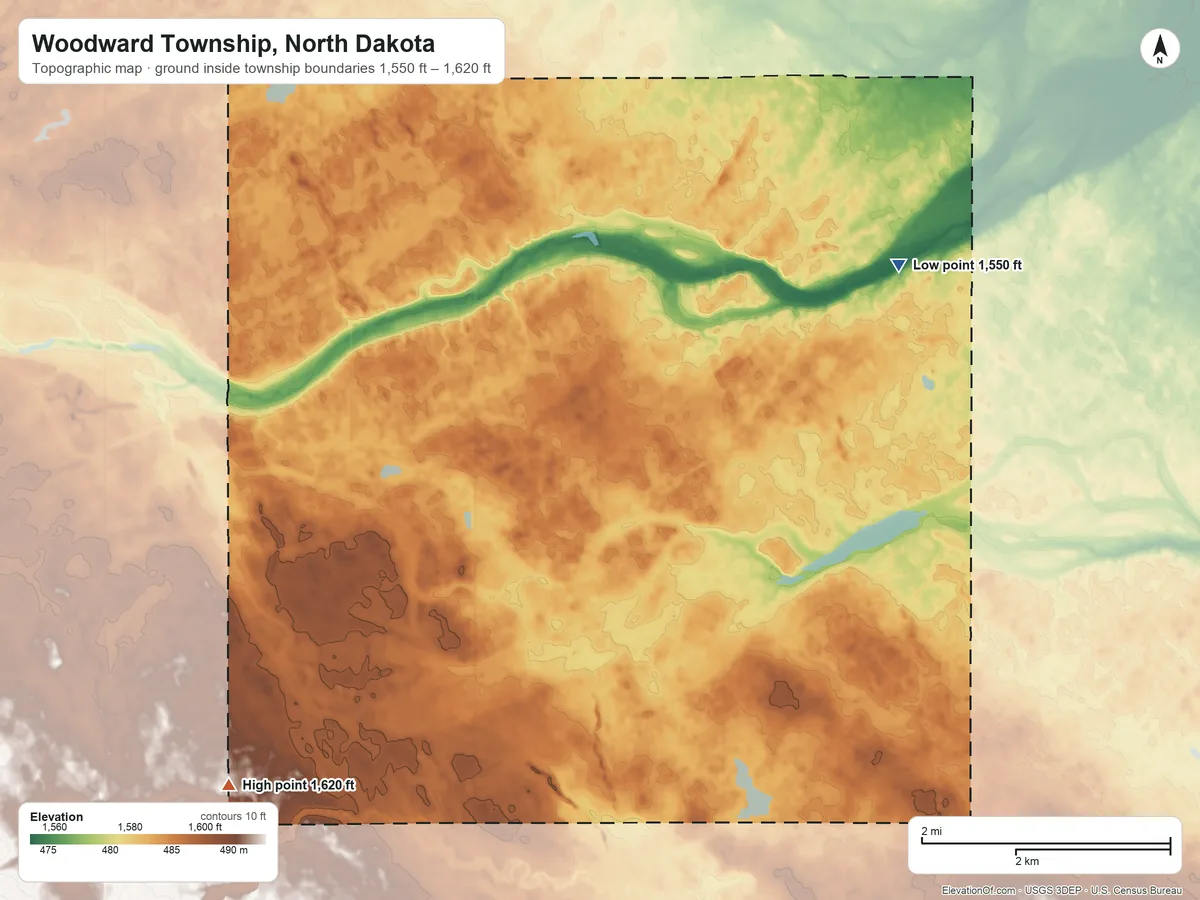 Topographic elevation map of Woodward Township, North Dakota, shaded from 1,550 ft on the northeast side to 1,620 ft on the southwest side