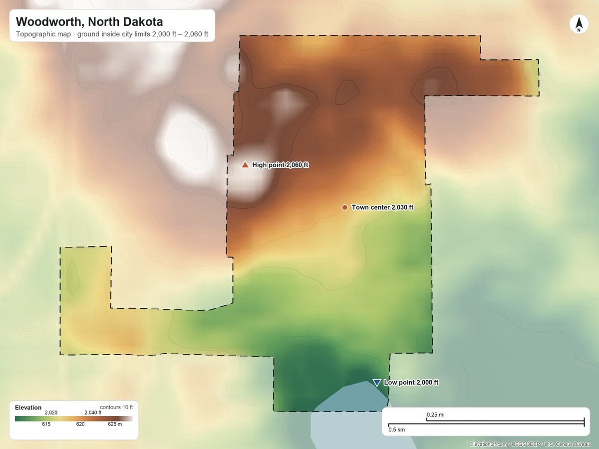 Topographic elevation map of Woodworth, North Dakota, shaded from 2,000 ft on the south side to 2,060 ft on the northwest side