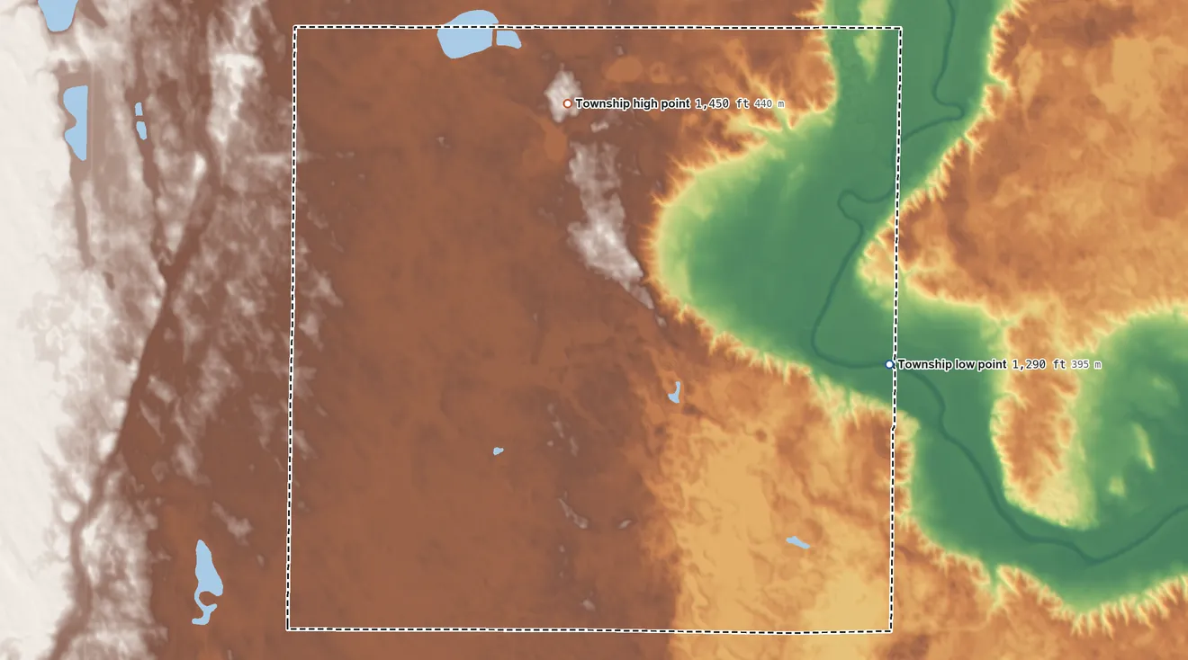 Topographic elevation map of Wright Township, North Dakota, shaded from 1,290 ft on the east side to 1,450 ft on the north side