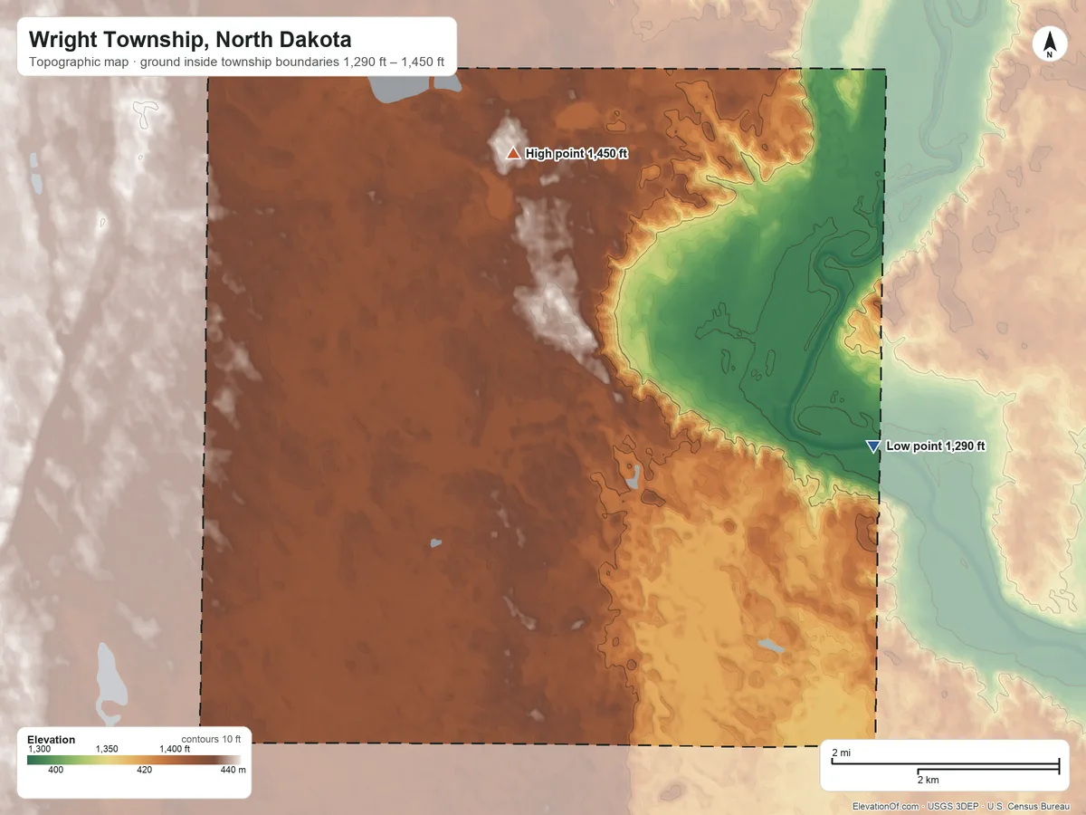 Topographic elevation map of Wright Township, North Dakota, shaded from 1,290 ft on the east side to 1,450 ft on the north side