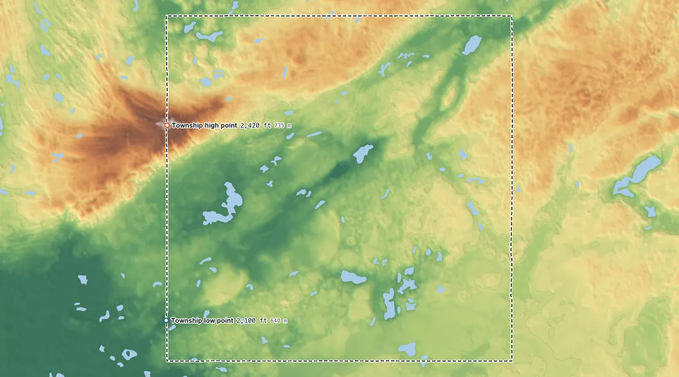 Topographic elevation map of Writing Rock Township, North Dakota, shaded from 2,100 ft on the west side to 2,420 ft on the west side