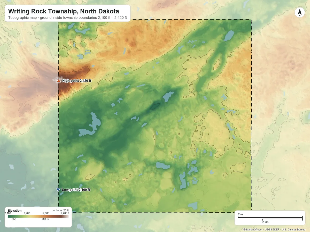 Topographic elevation map of Writing Rock Township, North Dakota, shaded from 2,100 ft on the west side to 2,420 ft on the west side