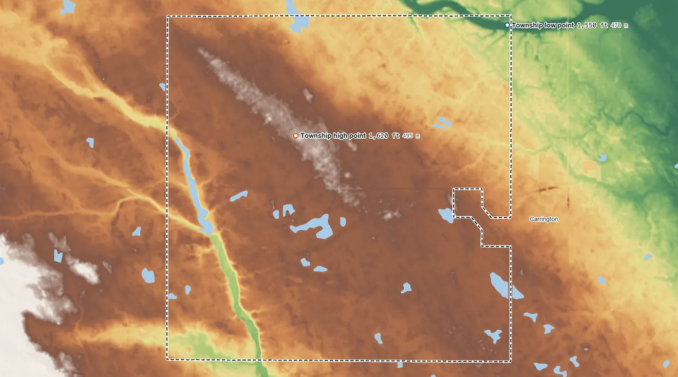 Topographic elevation map of Wyard Township, North Dakota, shaded from 1,550 ft on the northeast side to 1,620 ft on the northwest side