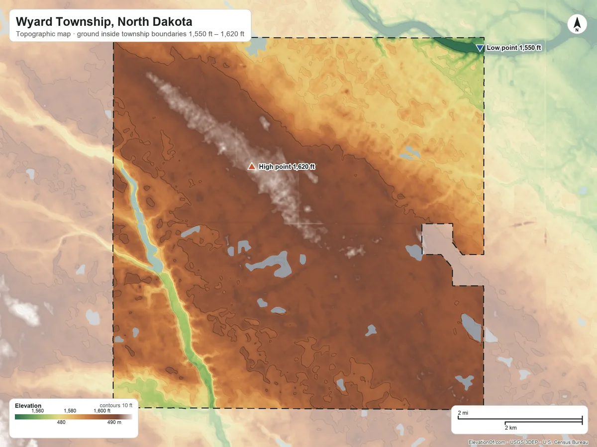 Topographic elevation map of Wyard Township, North Dakota, shaded from 1,550 ft on the northeast side to 1,620 ft on the northwest side