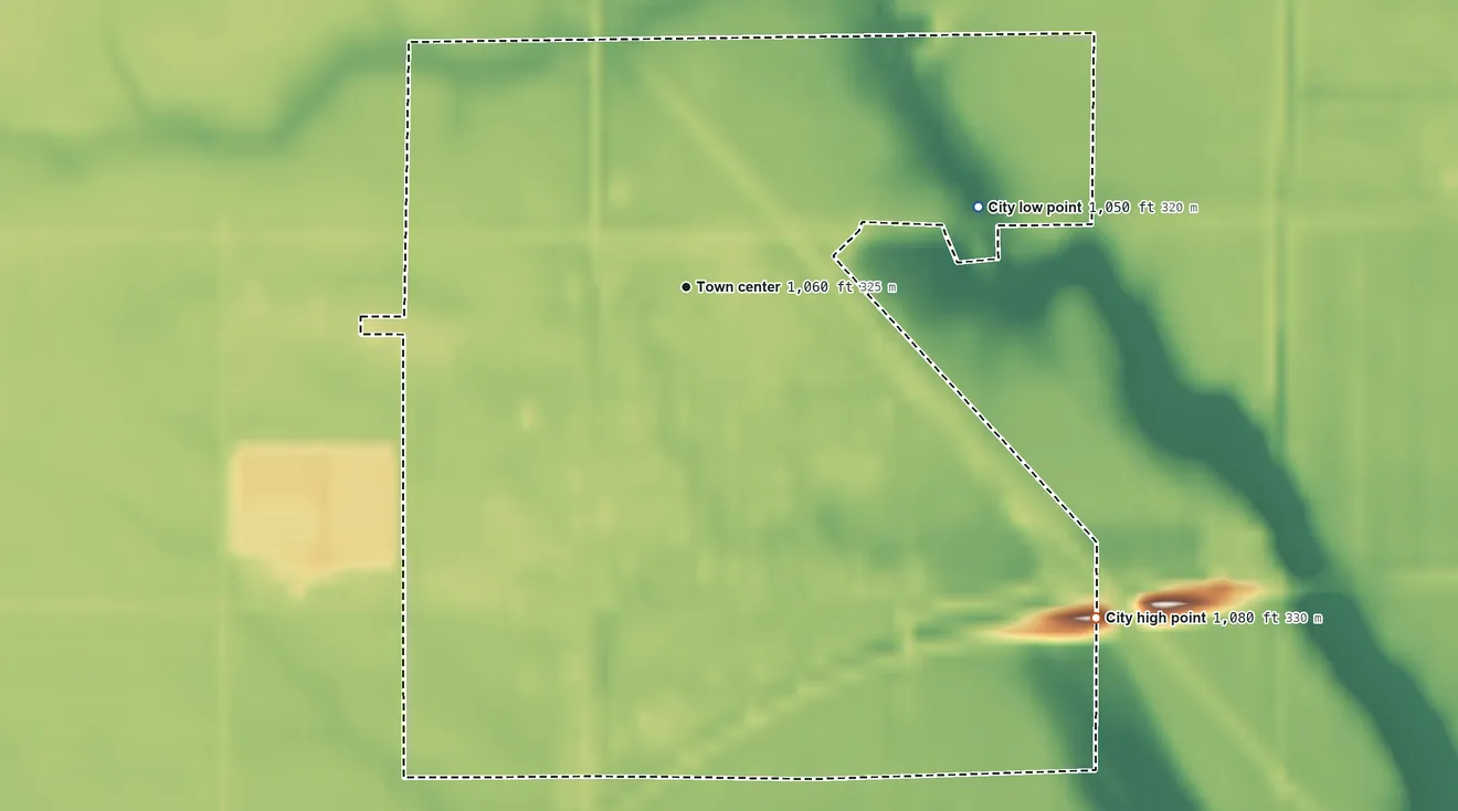 Topographic elevation map of Wyndmere, North Dakota, shaded from 1,050 ft on the east side to 1,080 ft on the southeast side