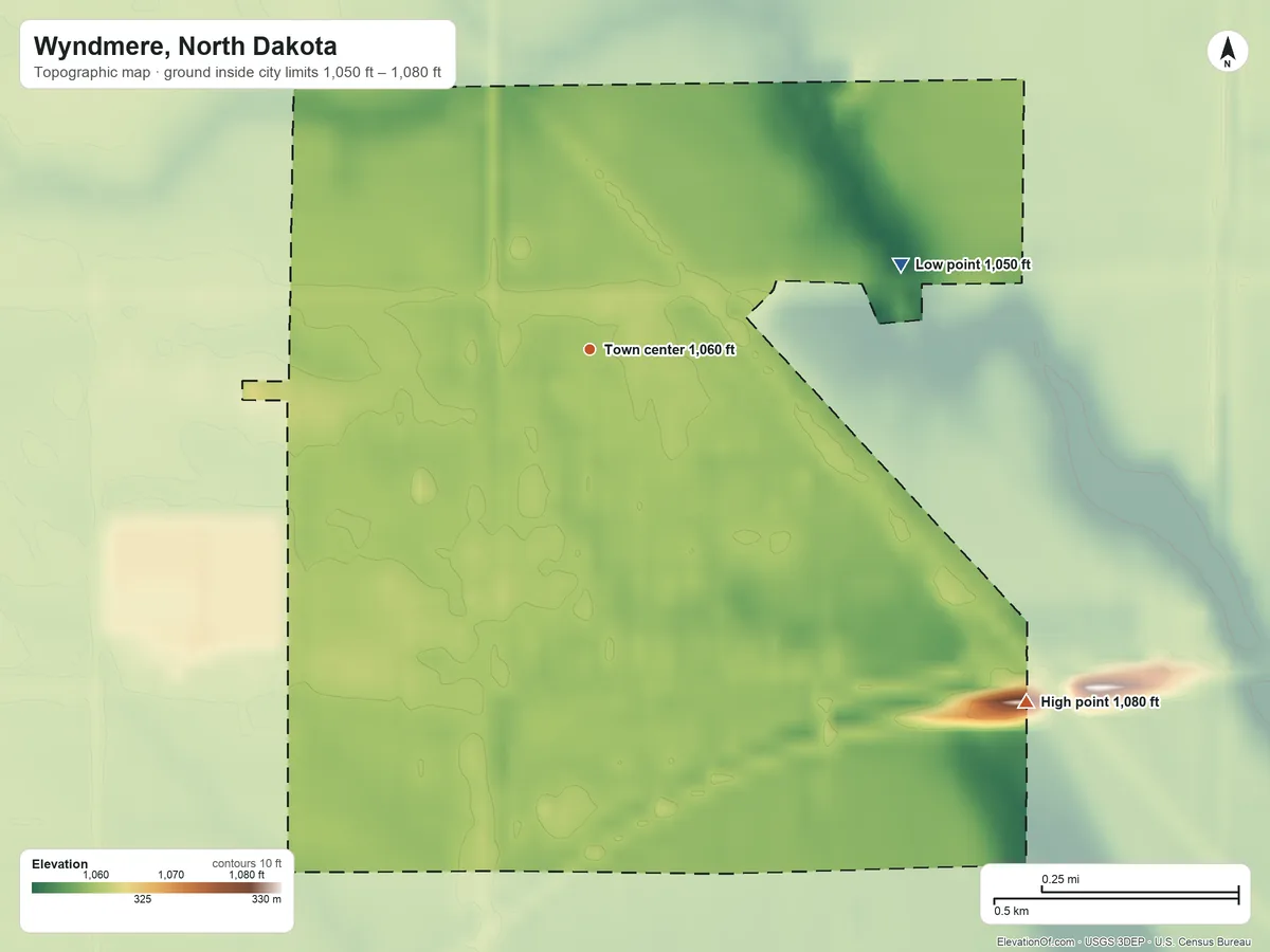 Topographic elevation map of Wyndmere, North Dakota, shaded from 1,050 ft on the east side to 1,080 ft on the southeast side