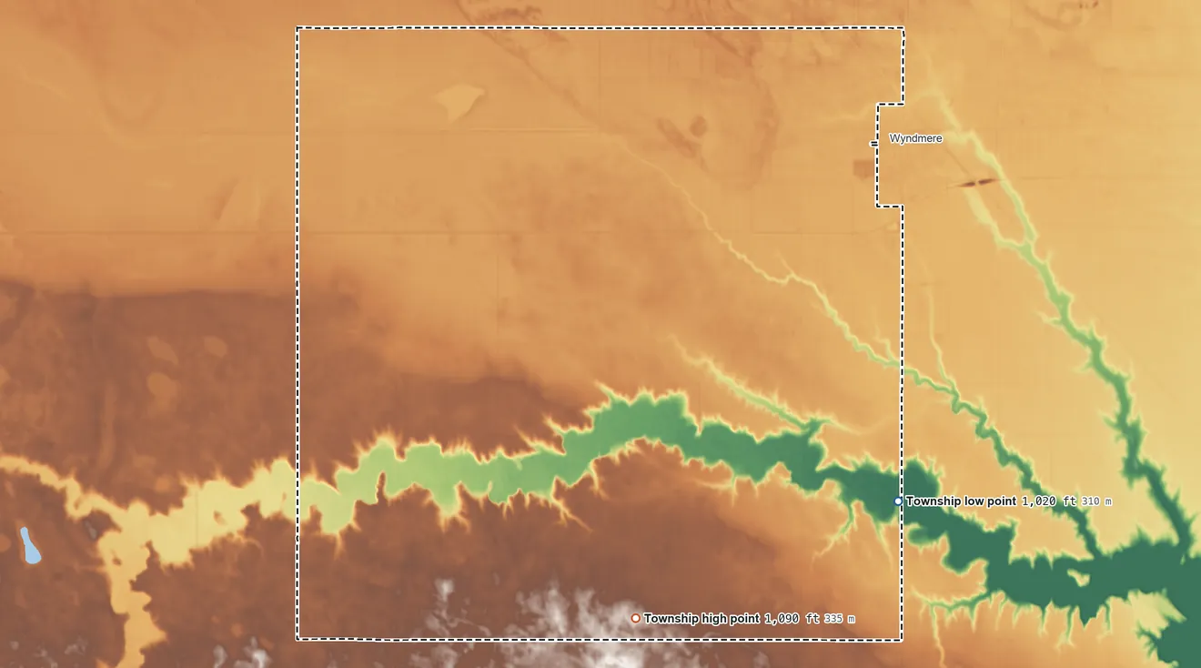 Topographic elevation map of Wyndmere Township, North Dakota, shaded from 1,020 ft on the southeast side to 1,090 ft on the south side