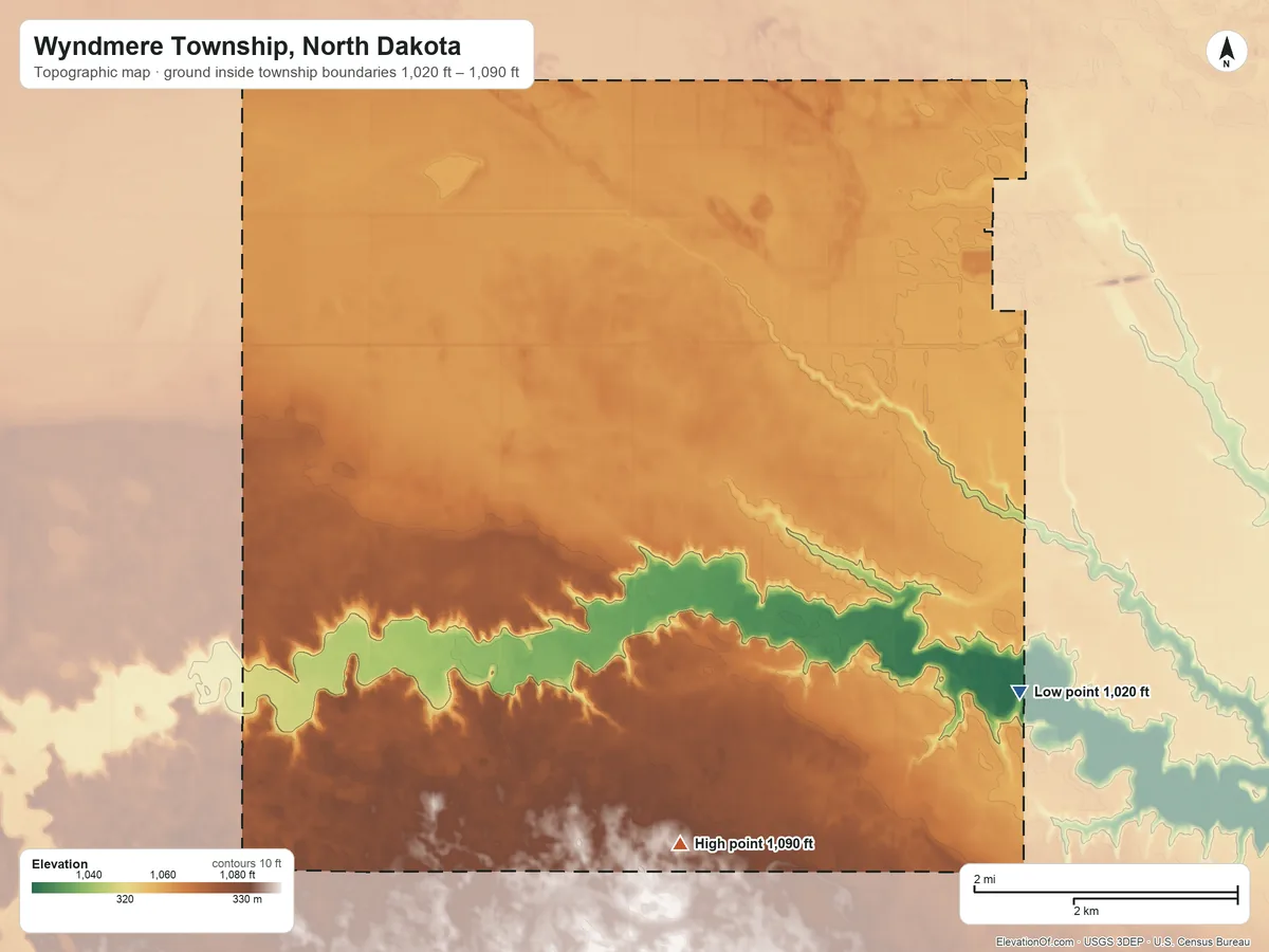 Topographic elevation map of Wyndmere Township, North Dakota, shaded from 1,020 ft on the southeast side to 1,090 ft on the south side